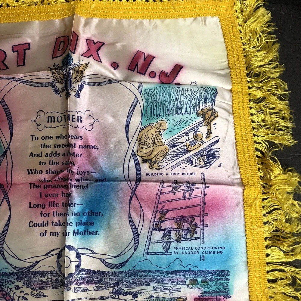 WWII US Army Fort Dix NJ Mother Satin Pillowcase Cover Tassel Vintage Retro